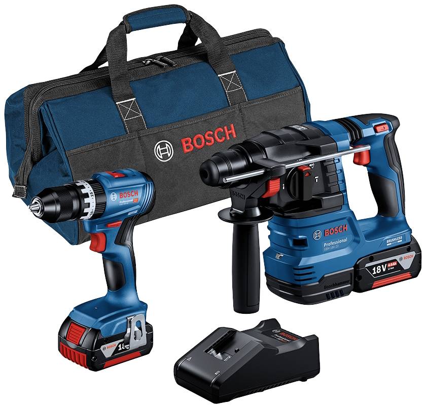 Boormachine-set met twee blauwe, accugedreven apparaten, oplader en een zwarte Bosch-tas. Ideaal voor doe-het-zelvers.