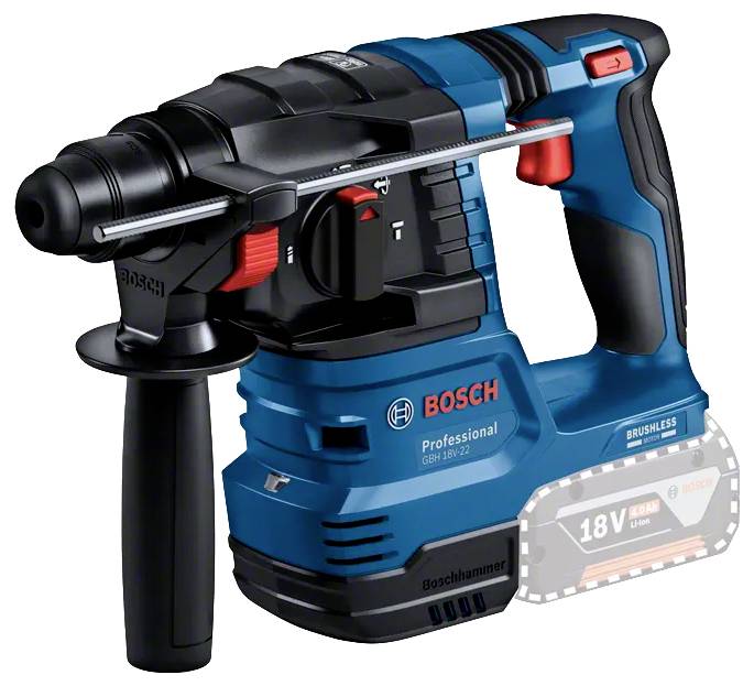 Snoerloze Bosch boorhamer in blauw en zwart, met ergonomische handgreep en 18V accu, ontworpen voor professioneel gebruik.