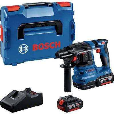 Blauwe Bosch accuboormachine met twee accu's en oplader, gepresenteerd voor een bijpassende blauwe transportkoffer.