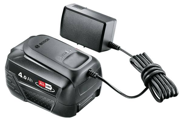 Een 18V Bosch accu met 4,0 Ah capaciteit en bijpassende oplader. Ideaal voor draadloze elektrische gereedschappen.