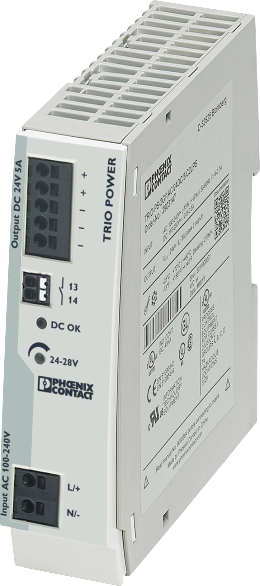 Afbeelding van een TRIO POWER voedingsmodule van Phoenix Contact. Toont aansluitingen, LED-indicatoren voor DC OK en de specificaties van de voeding.
