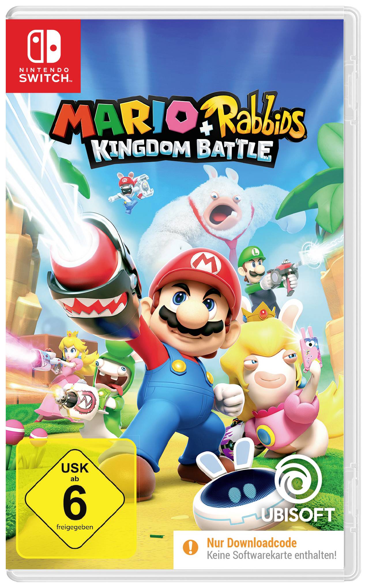 De afbeelding toont de verpakking van een Nintendo Switch-spel 'Mario + Rabbids Kingdom Battle' met personages in een avontuurlijke pose.