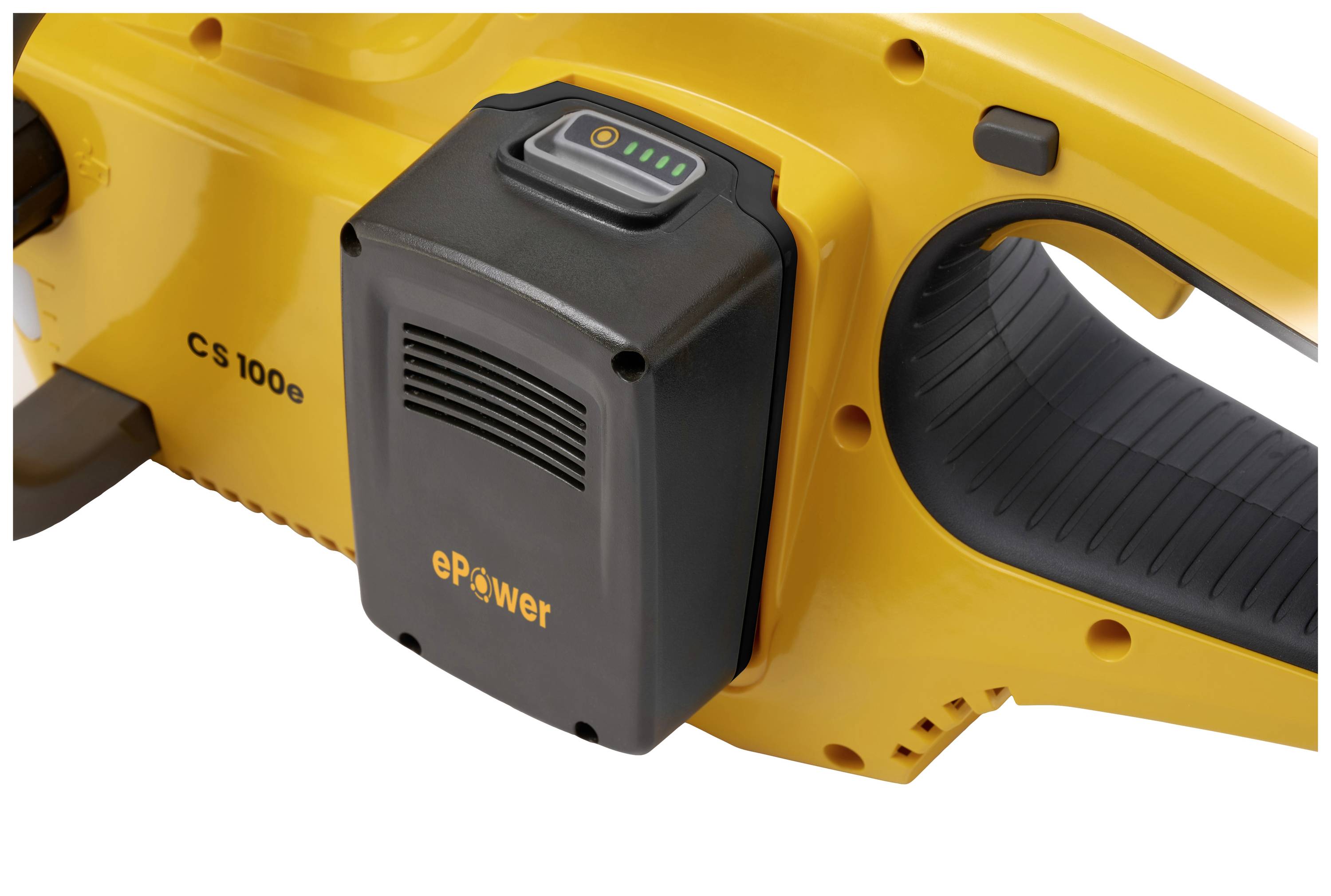 Accugereedschap met een geel behuizing en zwarte handgreep. 'ePower' en 'CS 100e' staat op het apparaat gedrukt.