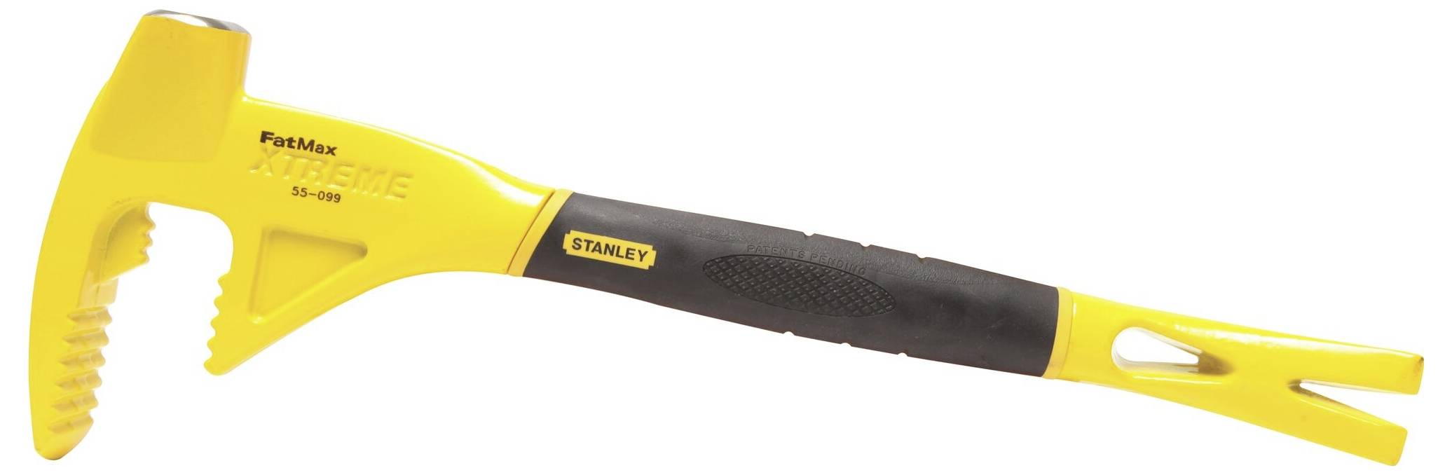 Gele en zwarte hamer met getande klauw en rubberen greep, geschikt als gereedschap voor bouw- of reparatiewerkzaamheden.
