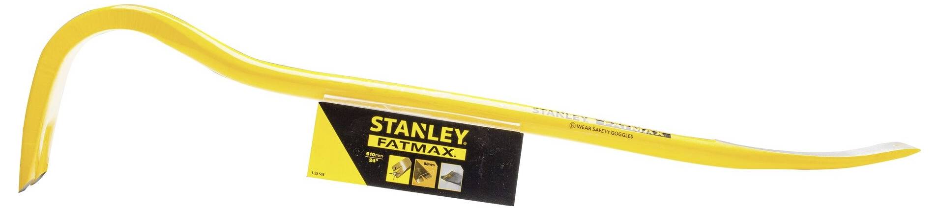 Een gele koevoet van Stanley Fatmax met een gebogen punt, ideaal voor hefwerkzaamheden en het openen van kisten of deuren.