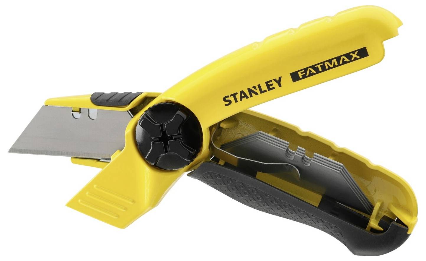 Geel Stanley Fatmax universeel mes met uitschuifbaar lemmet en ergonomische handgreep, geschikt voor het snijden van verschillende materialen.
