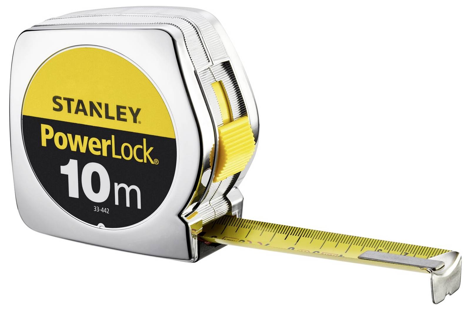Een meetlint met geel-zwarte opdruk 'Stanley PowerLock 10m'. De maatschaal is uitgetrokken en toont centimeteraanduidingen.