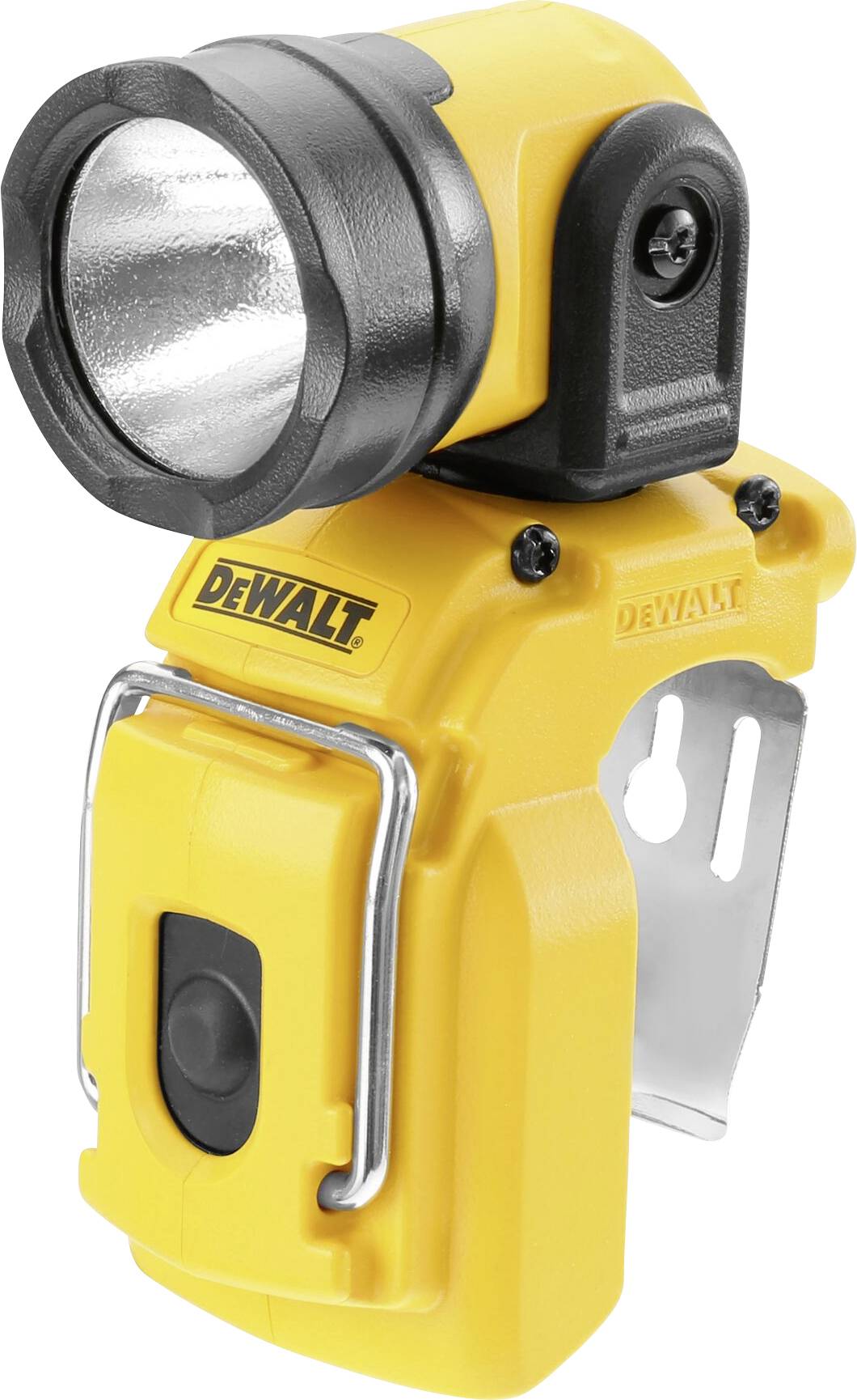 Gele en zwarte draagbare LED-zaklamp met metalen clip en draaibaar hoofd, geschikt voor werkplaats- of bouwplaatsgebruik.