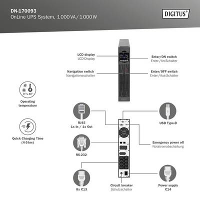 'Digitus DN-170093 Online UPS-systeem, 1000VA / 1000W' met LCD-display, USB Type-B-aansluiting, nooduitschakeling en twee 8 x C13-aansluitingen beschreven.