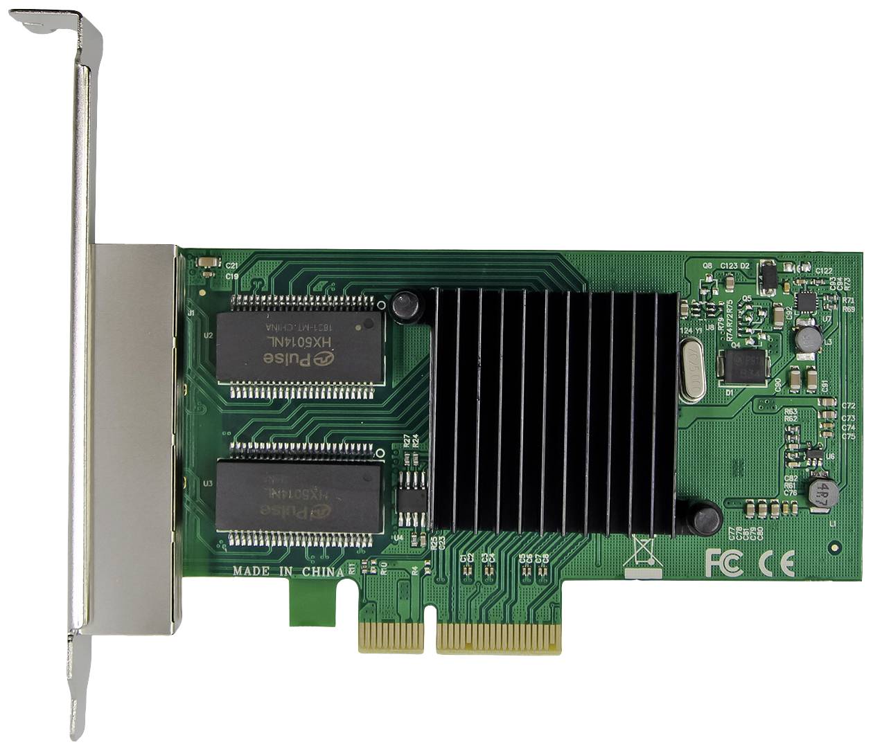 'Groene computernetkaart met twee chips en zwarte koelribben.'