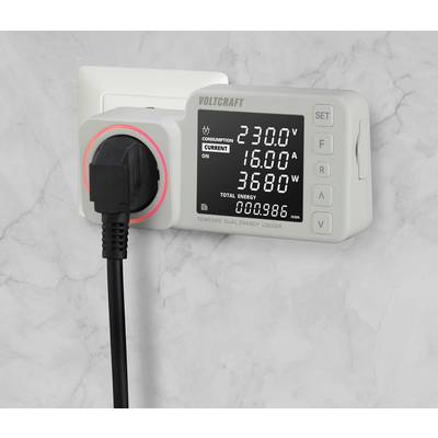 Een energiemeter toont: 'Spanning 230.0 V', 'Stroomverbruik 16.0 A', 'Vermogen 3680 W', 'Totale energie 0.0986 kWh'. Apparaat is aangesloten op stopcontact.