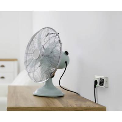 Een tafelventilatoren met een blauwe behuizing staat op een houten tafel. Hij is aangesloten op een stopcontact aan de muur. Op de achtergrond is een wit bed zichtbaar.