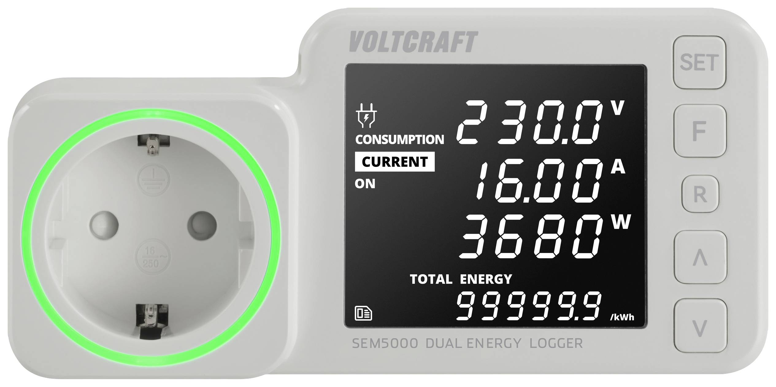 Een energie-meetapparaat toont meetwaarden: Spanning 230,0V, Stroom 16,00A, Vermogen 3680W. Een stopcontact is geïntegreerd.