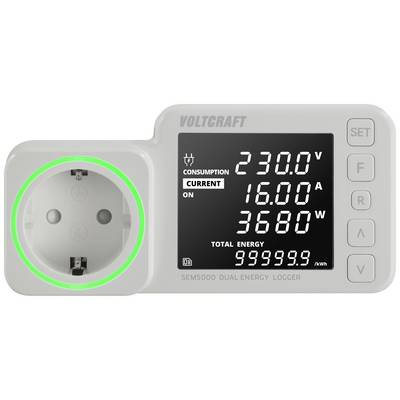 Een energie-meetapparaat toont meetwaarden: Spanning 230,0V, Stroom 16,00A, Vermogen 3680W. Een stopcontact is geïntegreerd.