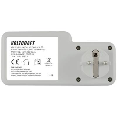 Achterkant van een elektrisch apparaat met opschrift 'VOLTCRAFT', modelnummer SEM5000 DUAL, technische specificaties en waarschuwing.