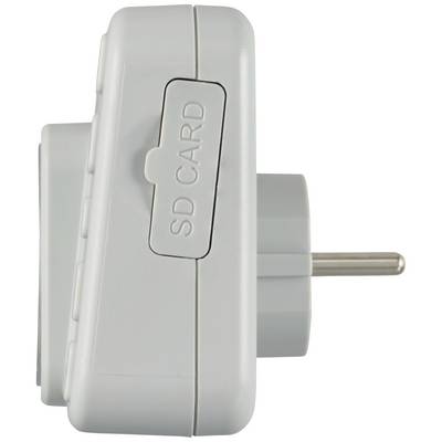 Zijaanzicht van een wit steektoestel met een SD-kaartgleuf. Dit toont hoe het apparaat in een stopcontact wordt gestoken.