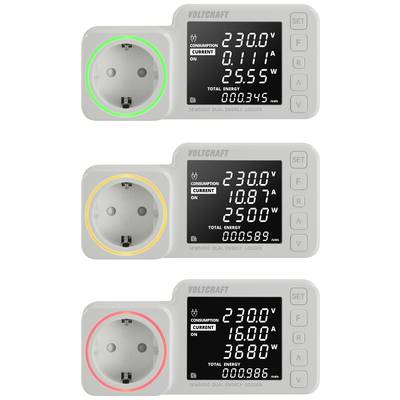 Drie energiemeters met verschillende meetwaarden: Boven toont 0,111A, 25,5W; Midden toont 10,87A, 2500W; Onder toont 16,00A.