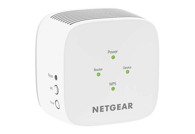 Netgear-netwerk-wifi-repeater met indicatielampjes voor stroom, router, apparaat en WPS. Reset- en WPS-schakelaar aan de zijkant.