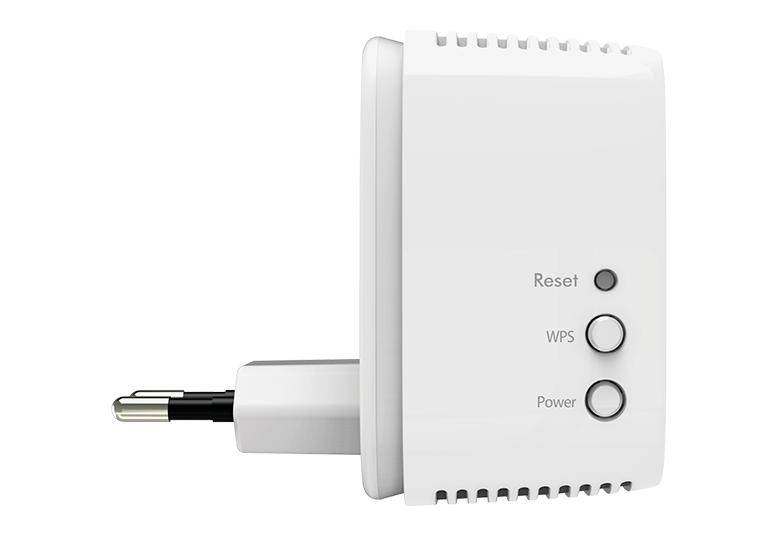 Witte wifi-repeater met drie knoppen aan de zijkant: 'Reset', 'WPS' en 'Power'. Europese stekker onderaan geplaatst.