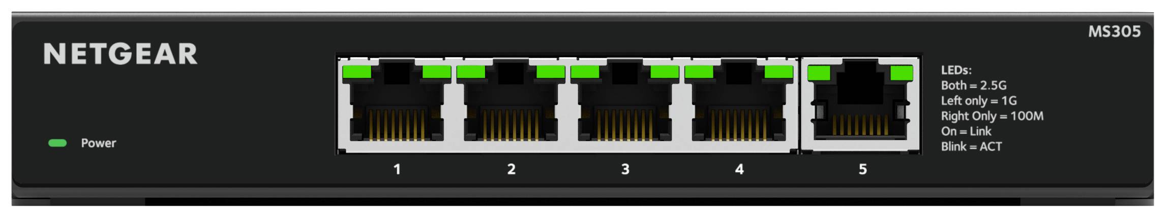 Netwerk-switch met vijf Ethernet-poorten, modelnaam 'Netgear MS305'. Elke poort-LED geeft de verbindingsstatus aan.
