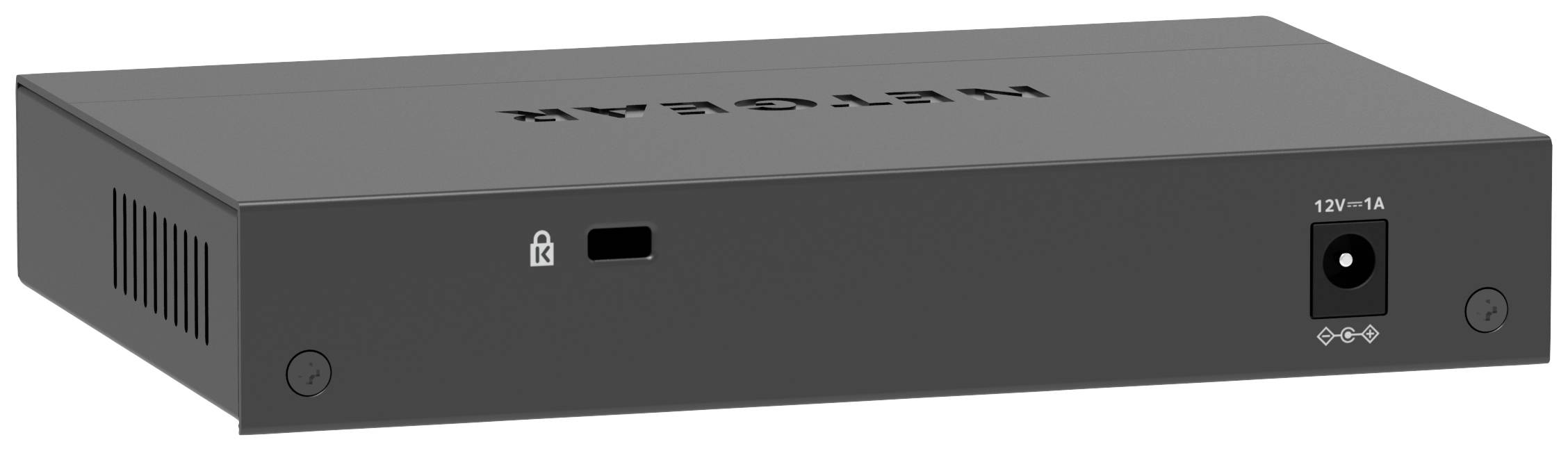 Een zwarte netwerk-switch met het opschrift 'NETGEAR', voorzien van kabelaansluitingen en ventilatiesleuven, geplaatst op een vlak oppervlak.