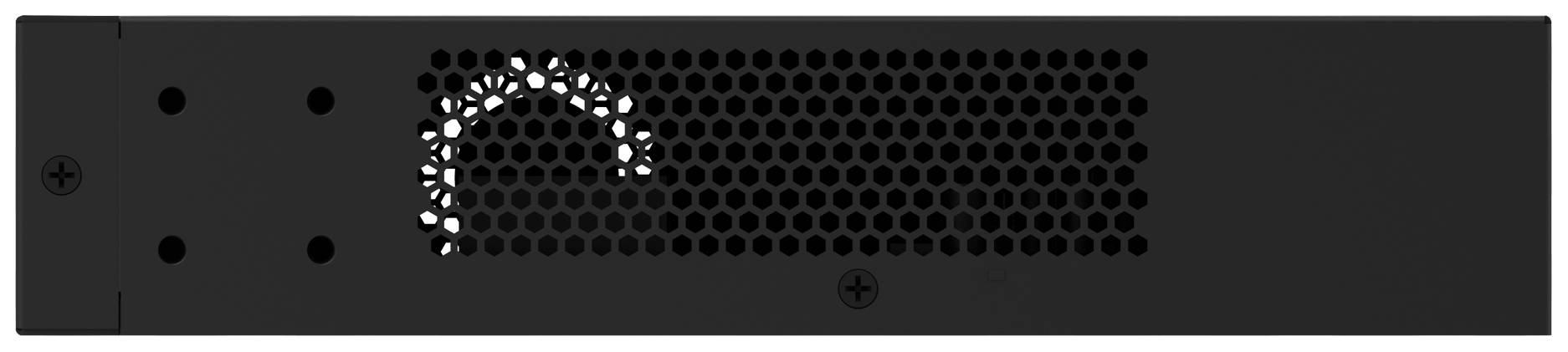 Zwart rechthoekig apparaat met ventilatierooster en schroeven in de hoeken, vermoedelijk een technisch apparaat of servercomponent.