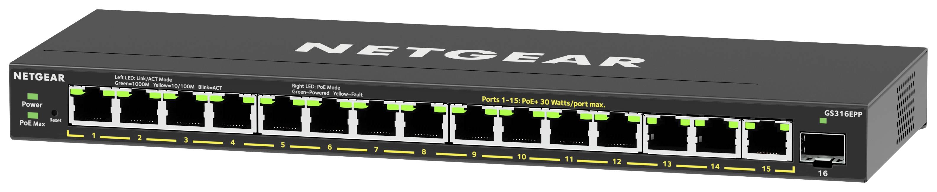 Een Netgear-netwerk-switch met zestien Ethernet-poorten. LED-indicatoren tonen de status van de verbinding en voeding aan.