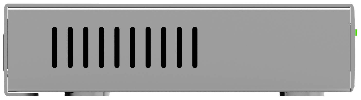 Een grijze metalen behuizing met ventilatiesleuven aan de voorkant en een groene LED-indicator rechts.