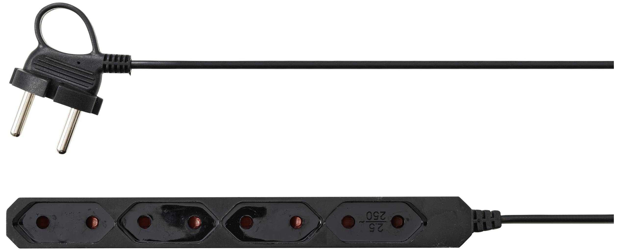 'Zwarte stekkerdoos met drie stopcontacten en een Europese stekker. De kabel is lang en zwart, geschikt voor gebruik binnenshuis.'