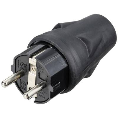 Een zwarte Eurostekker met twee metalen pinnen, die wordt gebruikt om verbinding te maken met een stopcontact.