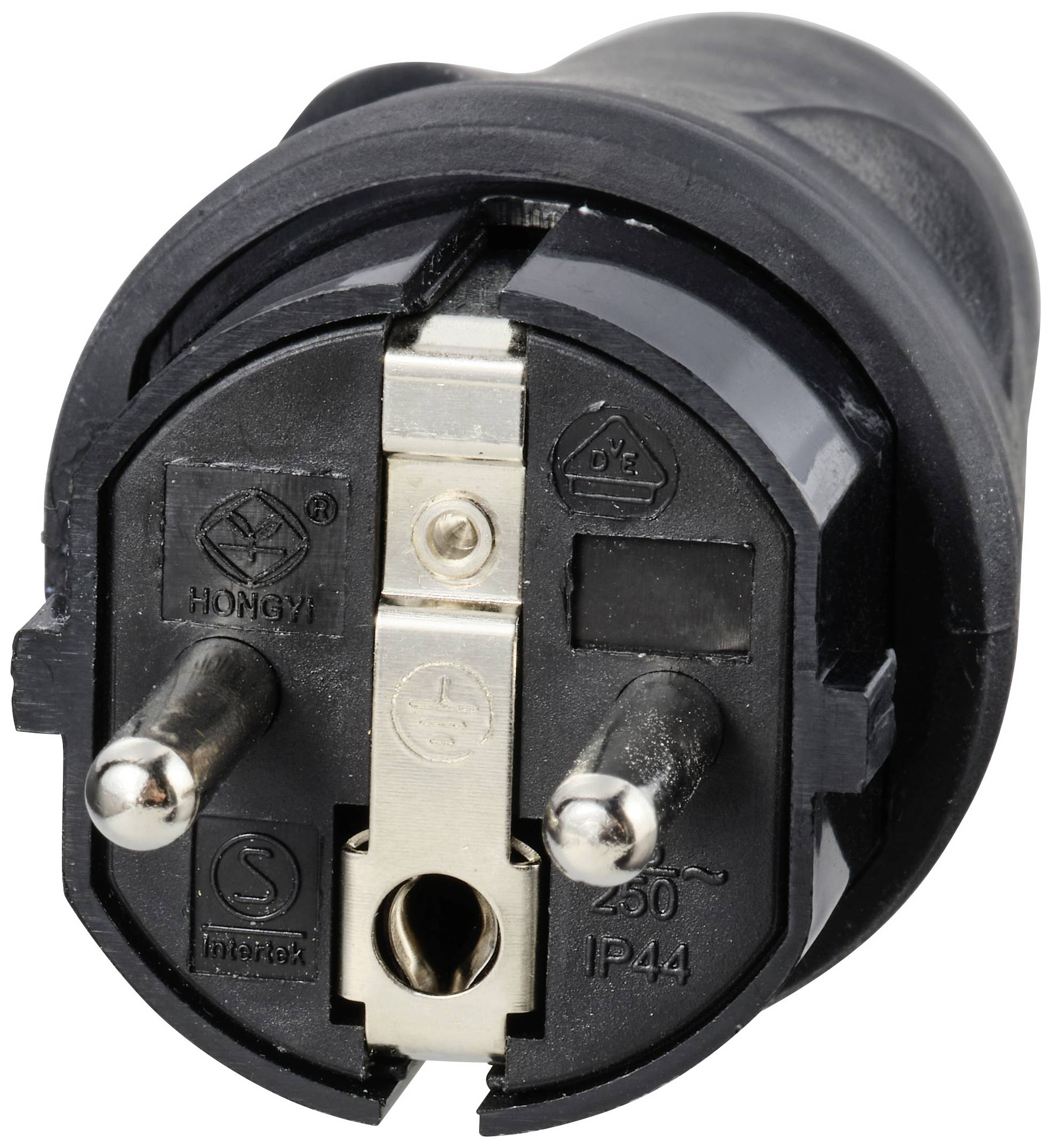 Een zwarte, ronde stekkeradapter met twee ronde metalen pinnen en een randaarde. Markeringen tonen '250V' en 'IP44'.