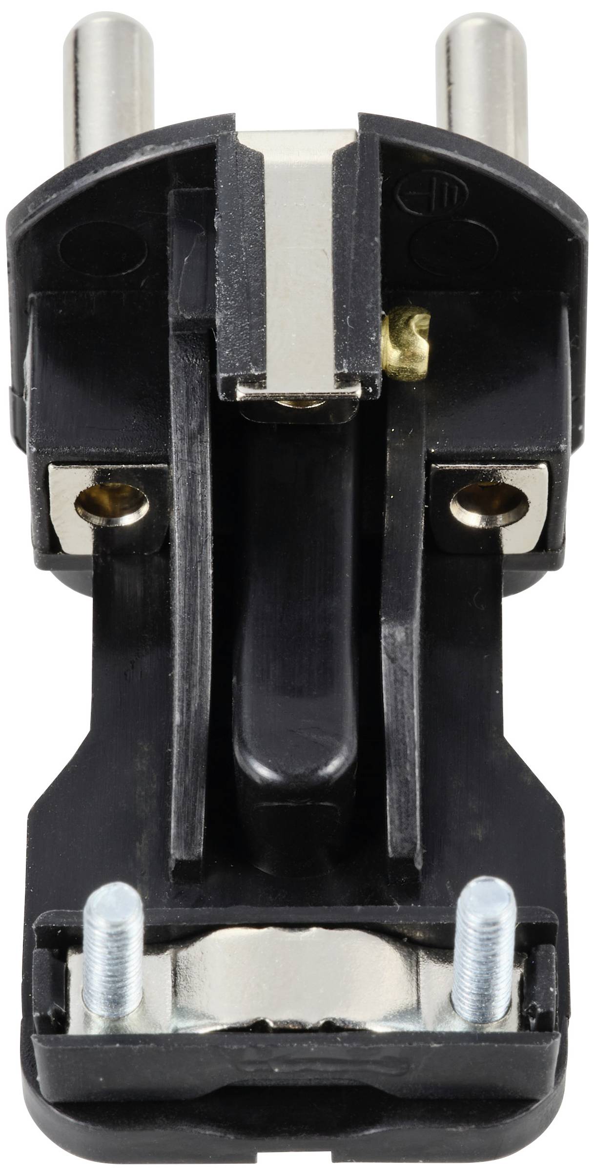 Close-up van een zwarte Eurostekker in verticale positie. Bevat twee metalen pinnen en schroeven.