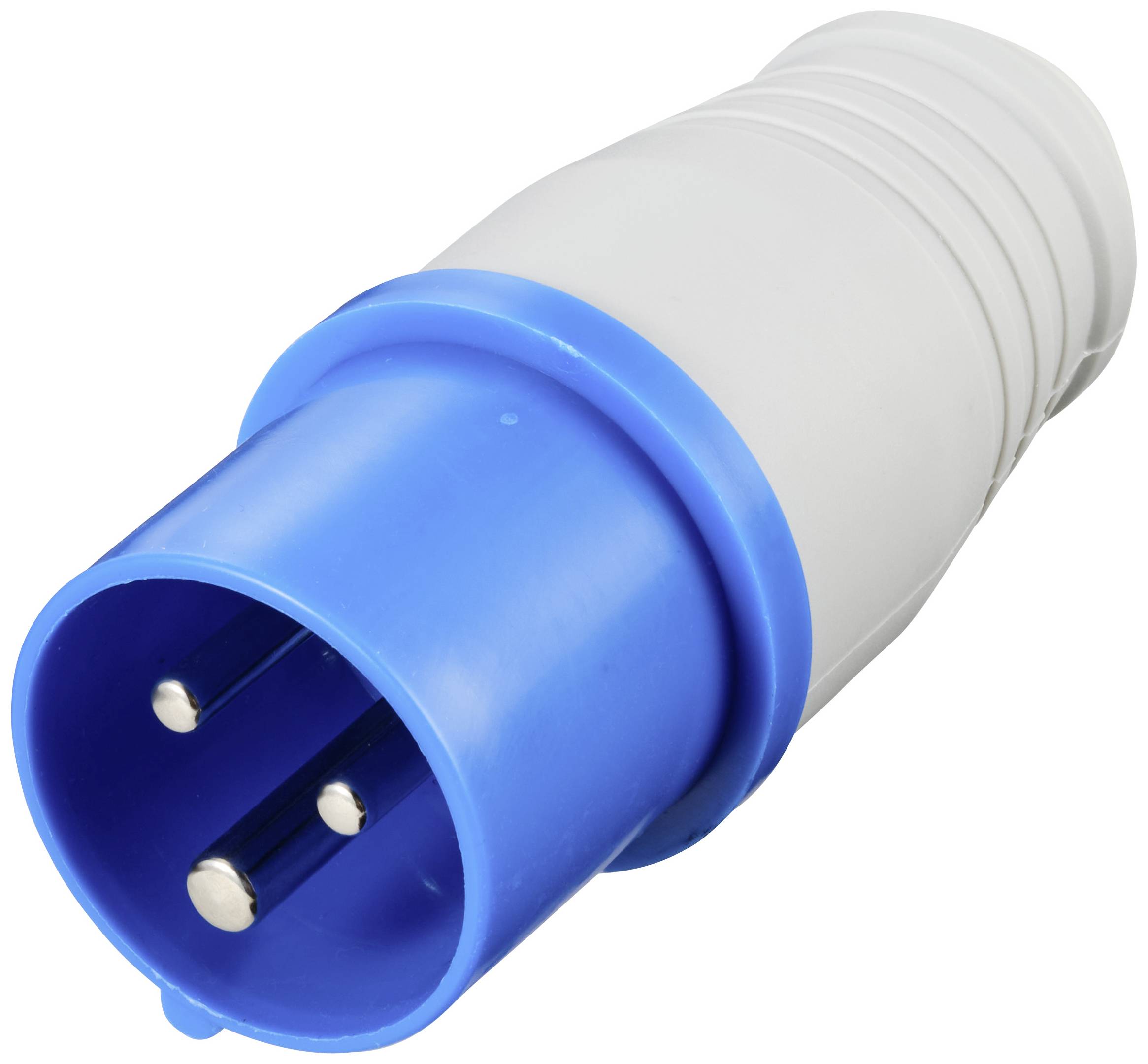 Een blauwe driepoolige stekker met een grijze behuizing. Hij wordt gebruikt voor elektrische verbindingen.