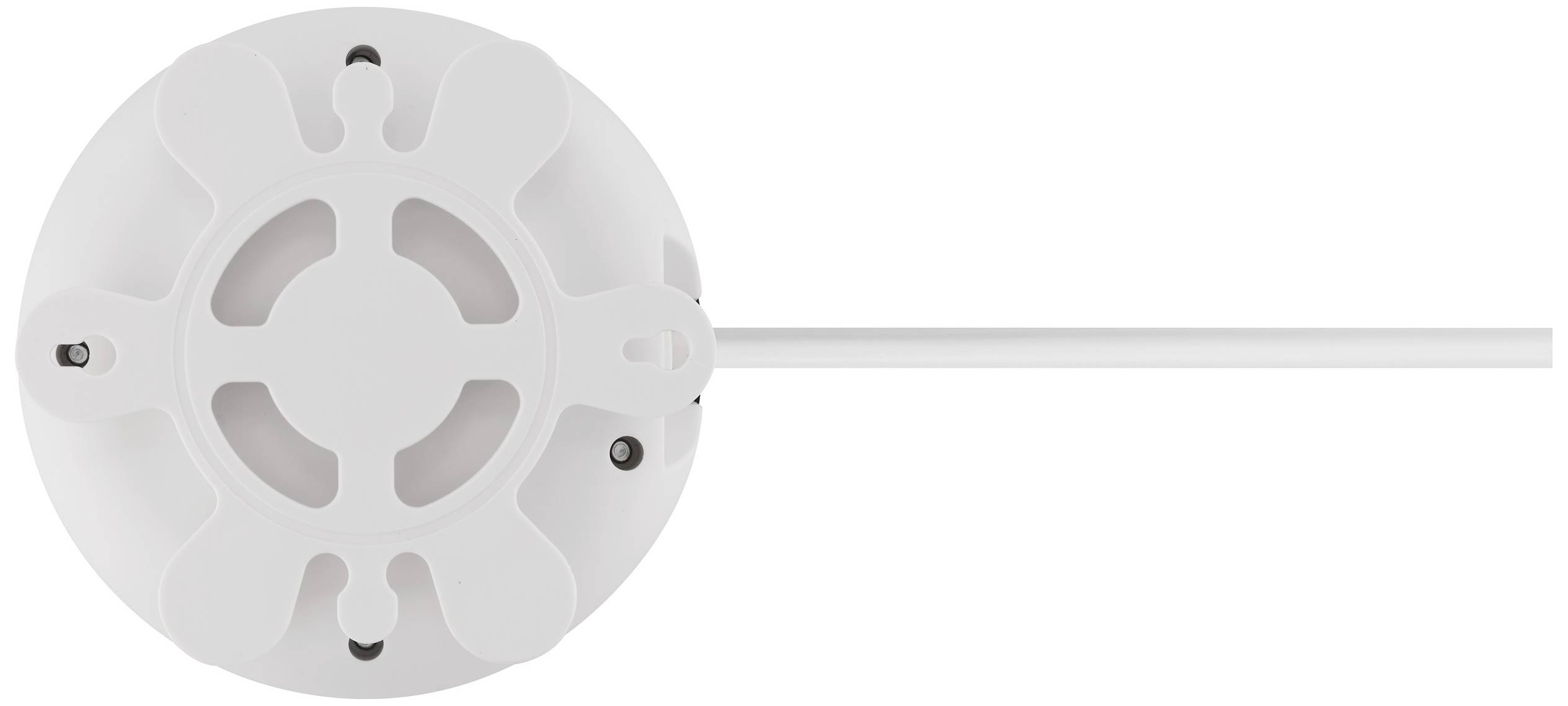 Een ronde, witte kunststof plaat met een aangesloten kabel, vermoedelijk een plafondsensor of rookmelder.