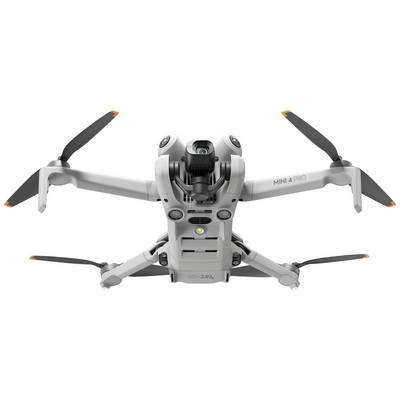 Zelfstandig vliegende drone met een grijze behuizing en vier propellers in de lucht. Modelaanduiding 'MINI 4 PRO' is zichtbaar.