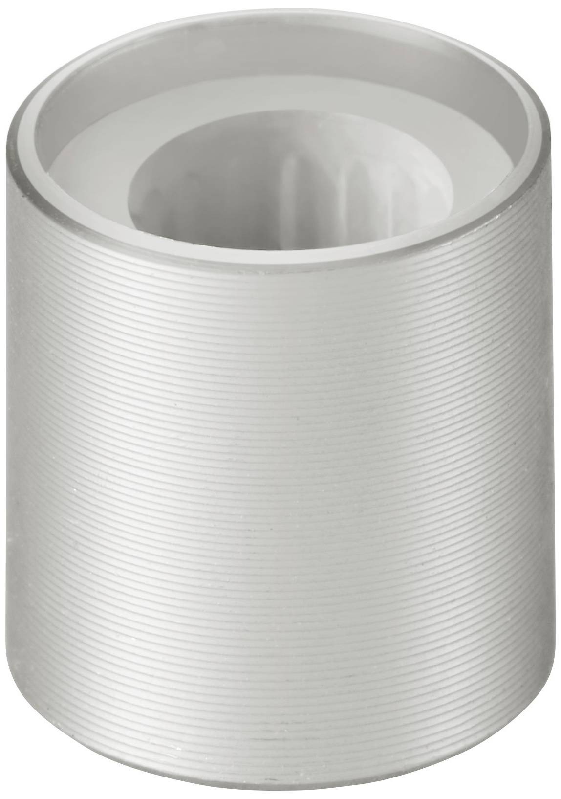 Zilveren, metalen rol met een geribde oppervlakte. Mogelijk een onderdeel van een machine of een component voor industriële toepassingen.