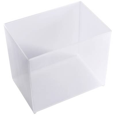 Heldere, rechthoekige opslagcontainer van kunststof, leeg en transparant, op witte achtergrond.