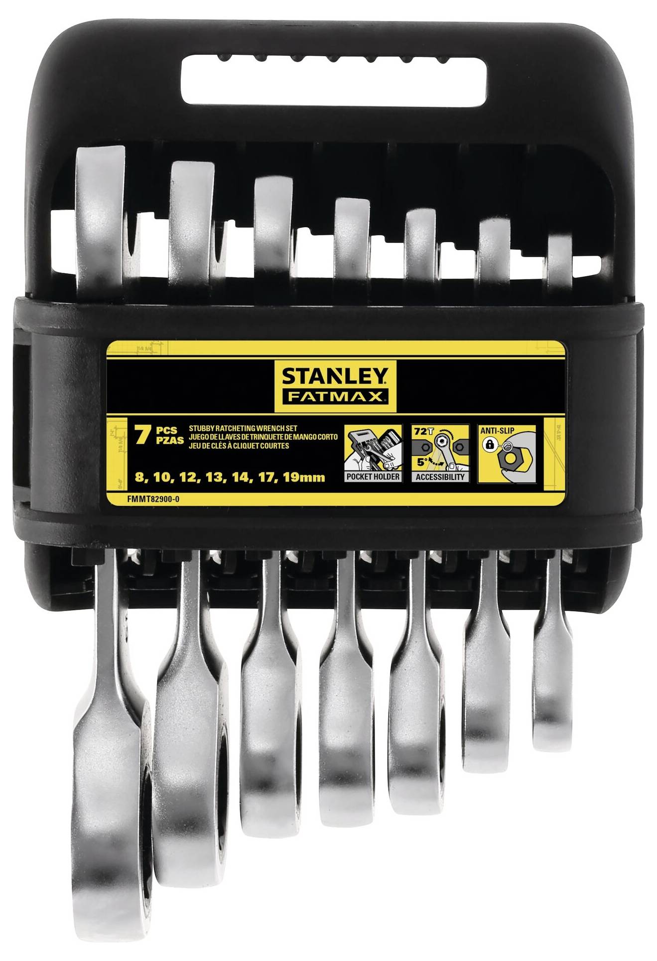 'Set van 7 Stanley FatMax steek-ringsleutels, maten 8 tot 19 mm, met houder voor gemakkelijke opberging.'