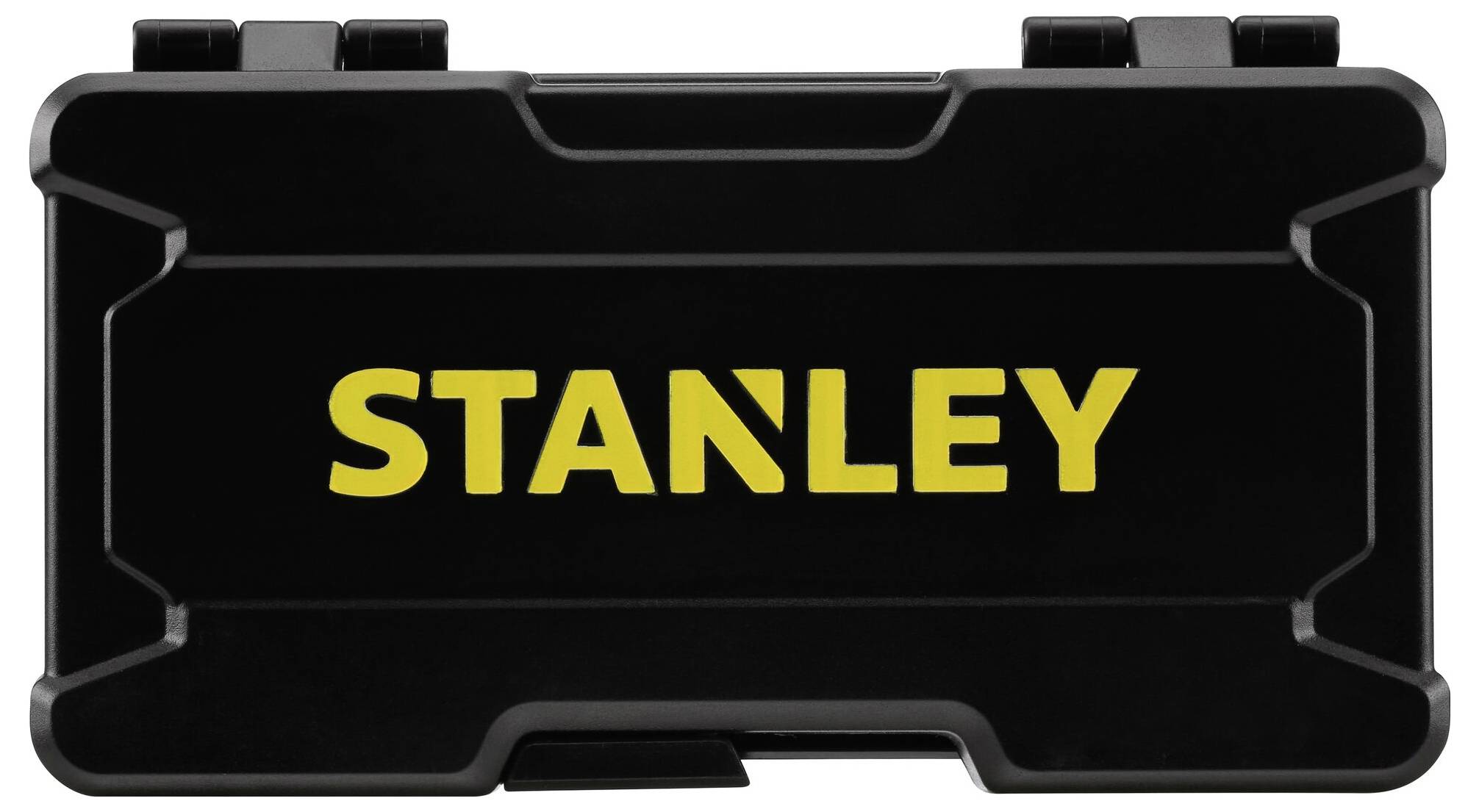 Zwarte gereedschapskist met geel 'STANLEY'-logo op de voorkant.