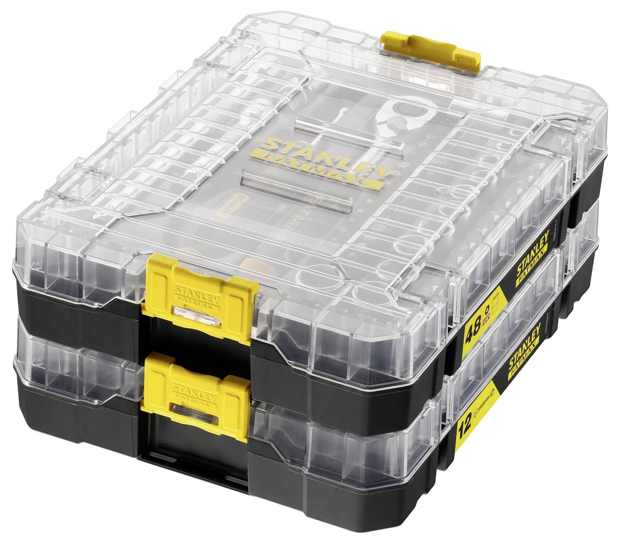 Twee stapelbare gereedschapskisten met een transparant deksel en gele sluitingen, gevuld met verschillende schroeven en toebehoren.