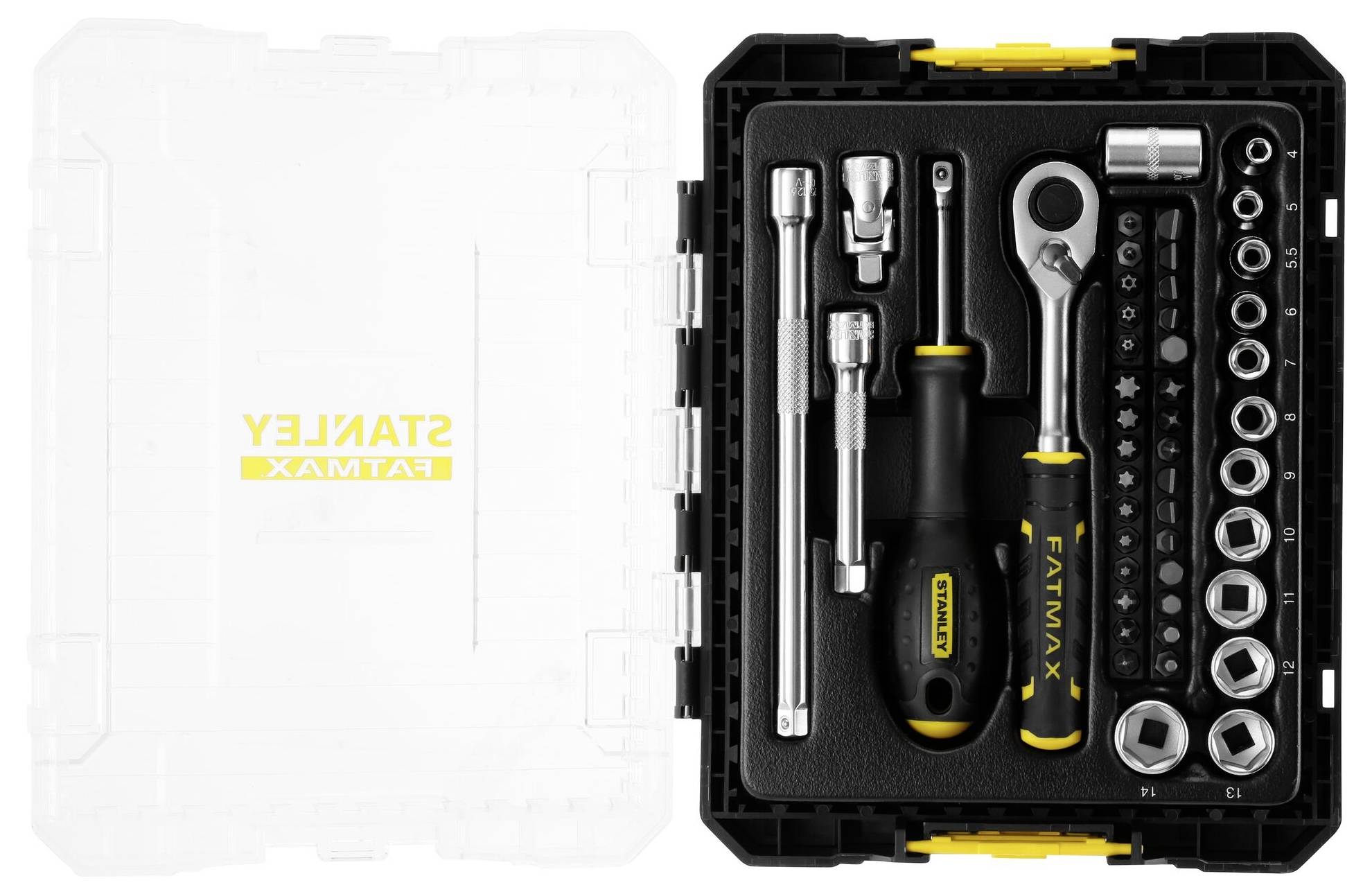 Gereedschapskist met schroevendraaier, ratel en verschillende dopsleutels in verschillende maten op een zwarte ondergrond onder een transparante deksel.