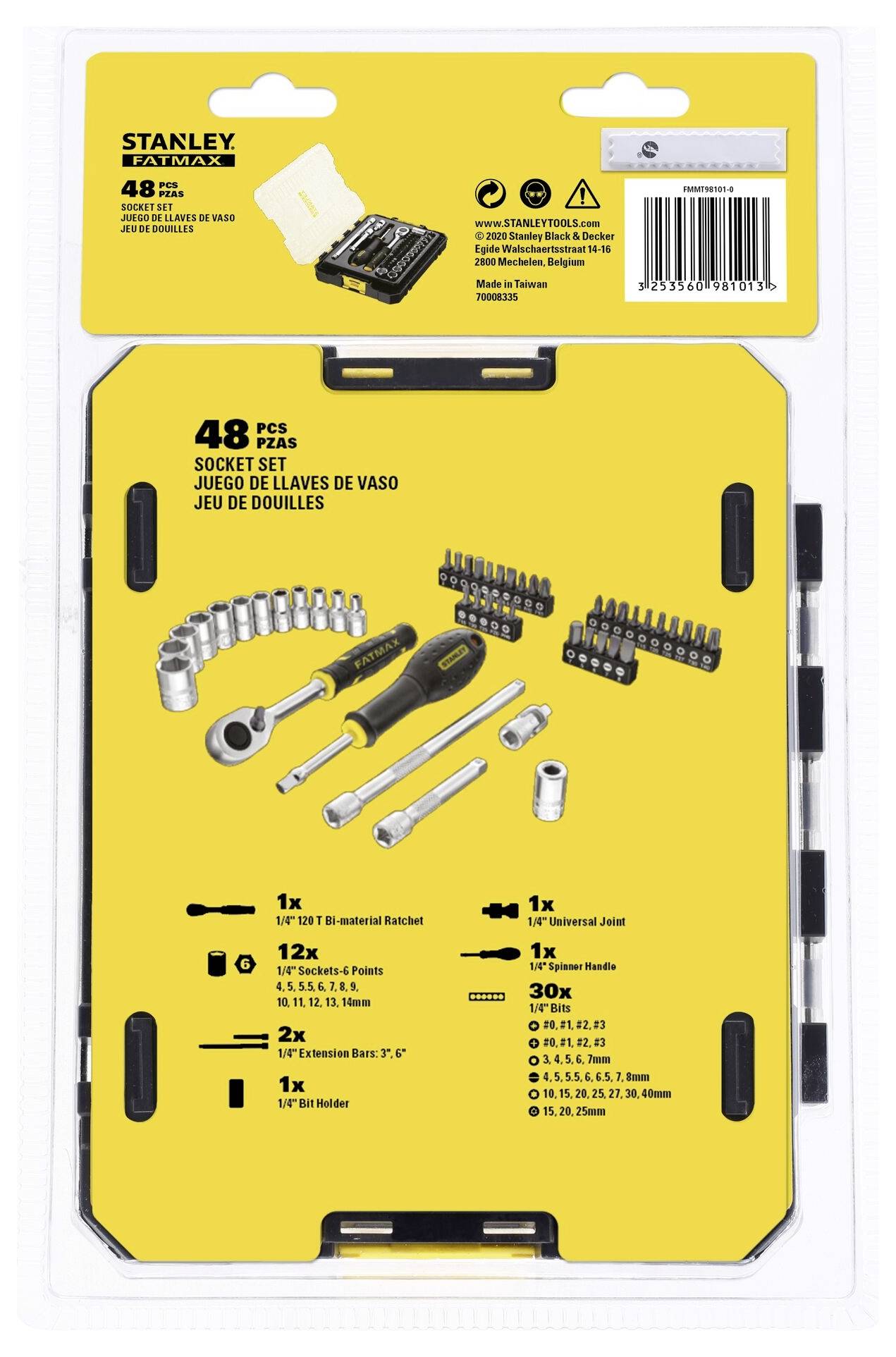 '48-delige dopsleutelset' met afbeelding van gereedschappen, waaronder ratelsleutels en bits, op gele achtergrond. Merk Stanley.