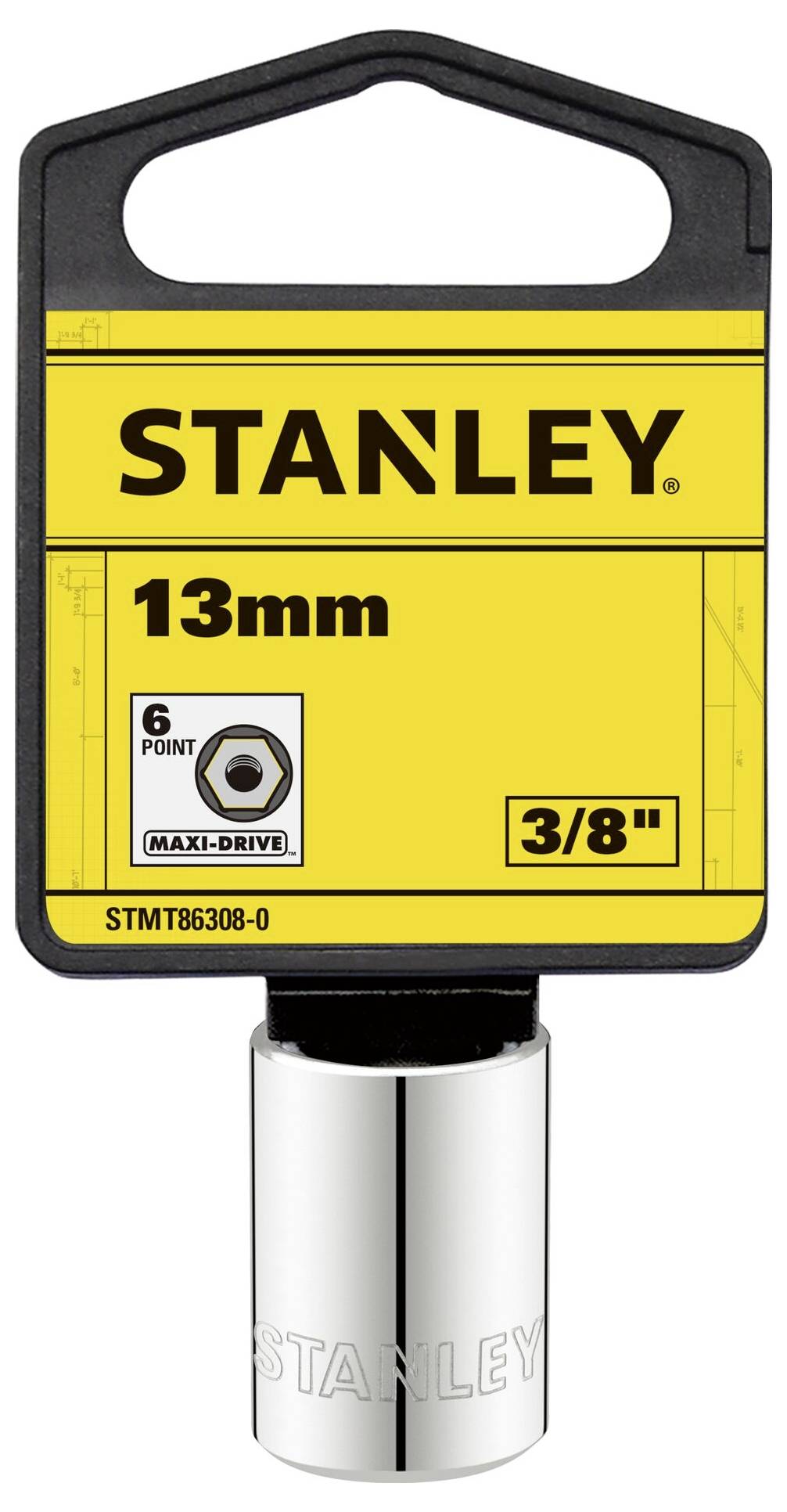 'Zilveren steeksleutelinzetstuk van Stanley met 13mm, 6-punts profiel, 3/8" aandrijving. Productetiket in geel met merklogo.'