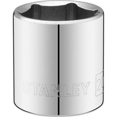 Metalen moer met glanzend oppervlak, gegraveerd met 'STANLEY 20'. Gebruikt voor zeskantbouten, toont robuuste constructie.