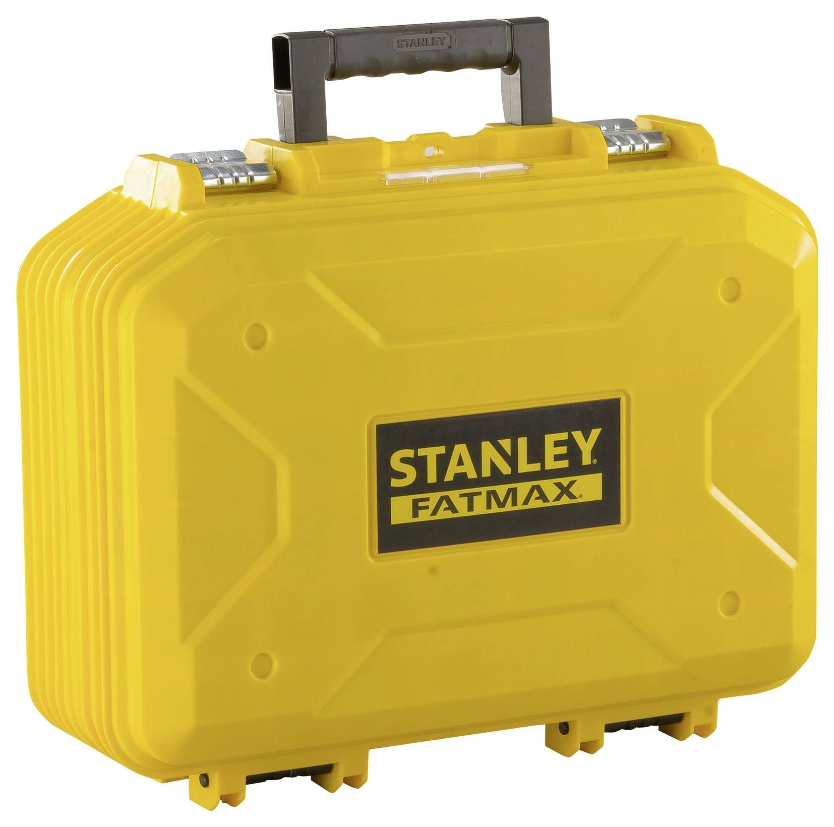 Gele gereedschapskoffer met 'Stanley Fatmax' opschrift aan de voorkant. Ergonomische handgreep en metalen sluitingen bovenaan.