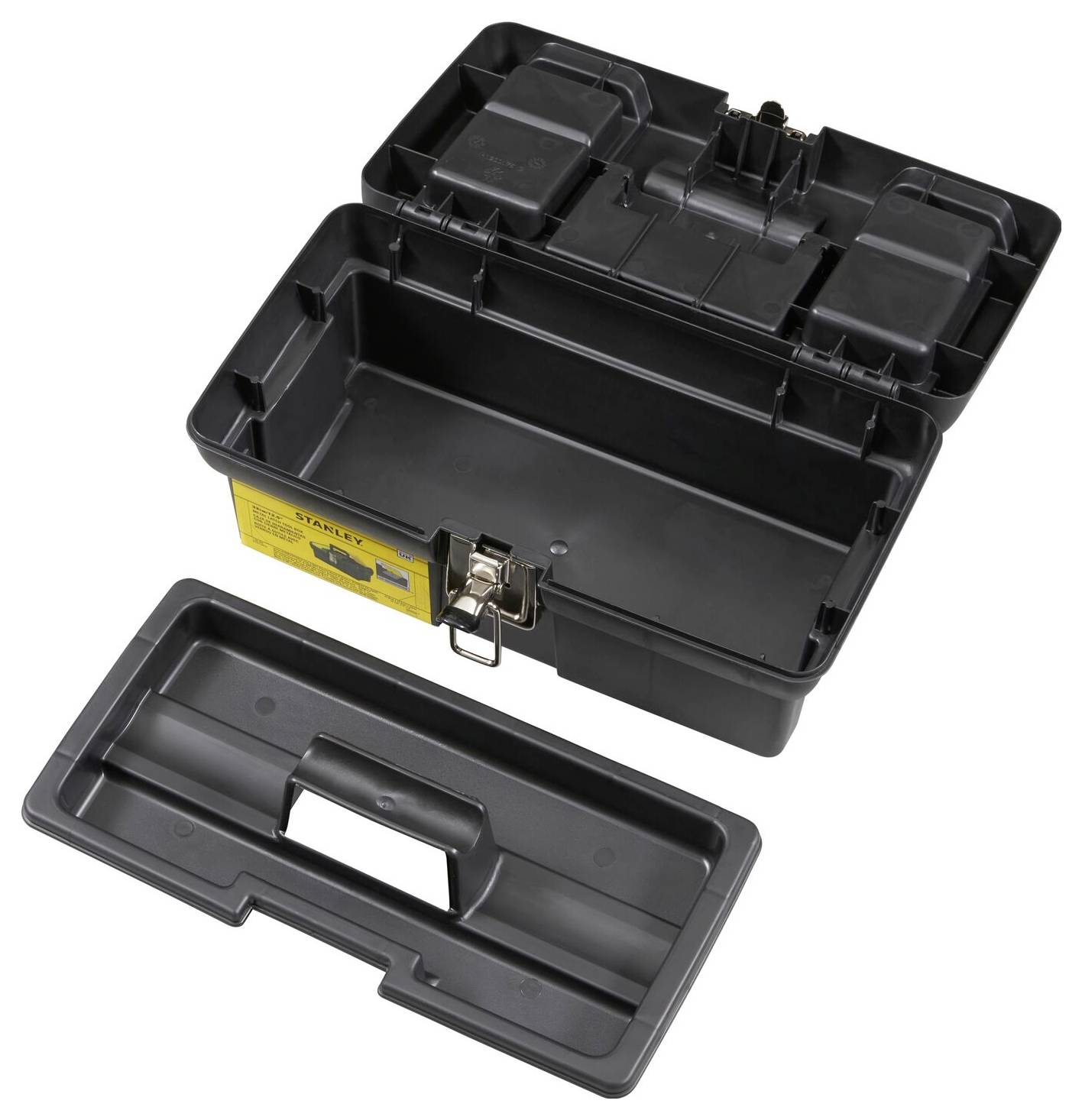 Een open zwarte gereedschapskist met afgenomen deksel, die een ruimte binnenin en een vak met een geel etiket laat zien.