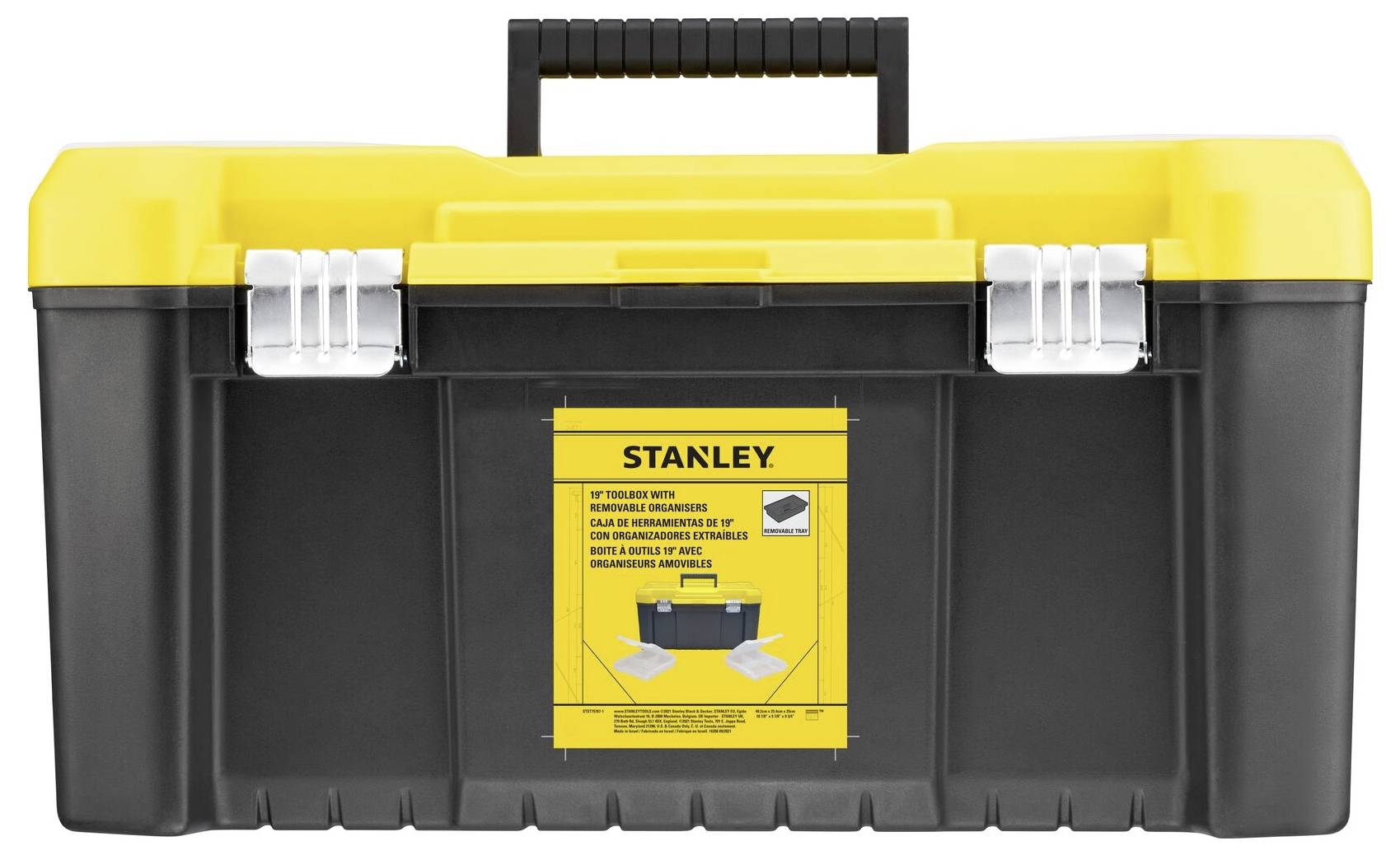 Zwarte gereedschapskist met gele deksel, zilveren sluitingen en zwarte handgreep. Sticker met opschrift 'Stanley'.