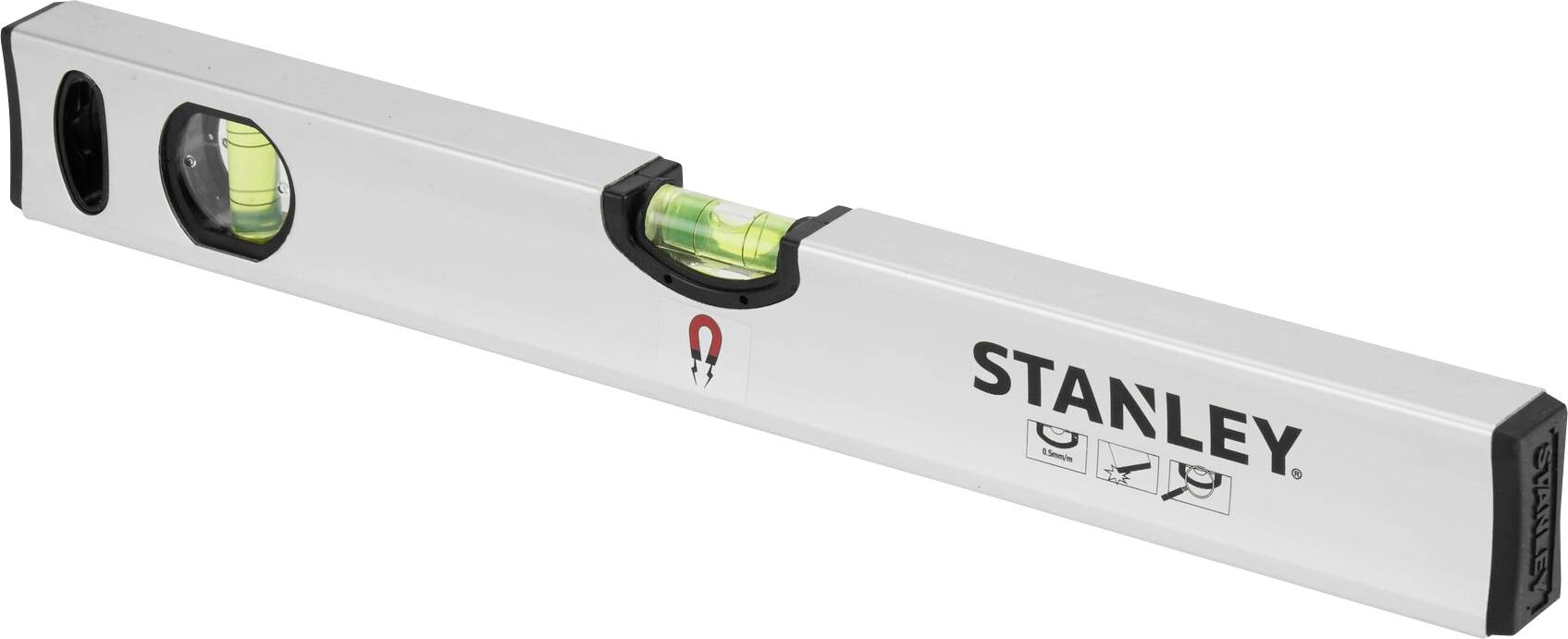 Waterpas van metaal met twee libellen, één horizontaal en één verticaal. 'STANLEY'-logo zichtbaar aan de voorzijde.