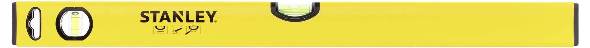 Gele waterpas met merknaam 'Stanley'. Toont een centrale libel voor het waterpas stellen.