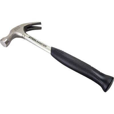 Een stalen hamer met een zwarte handgreep ligt op zijn kant; het merk 'Steelmaster' is op de steel gedrukt.